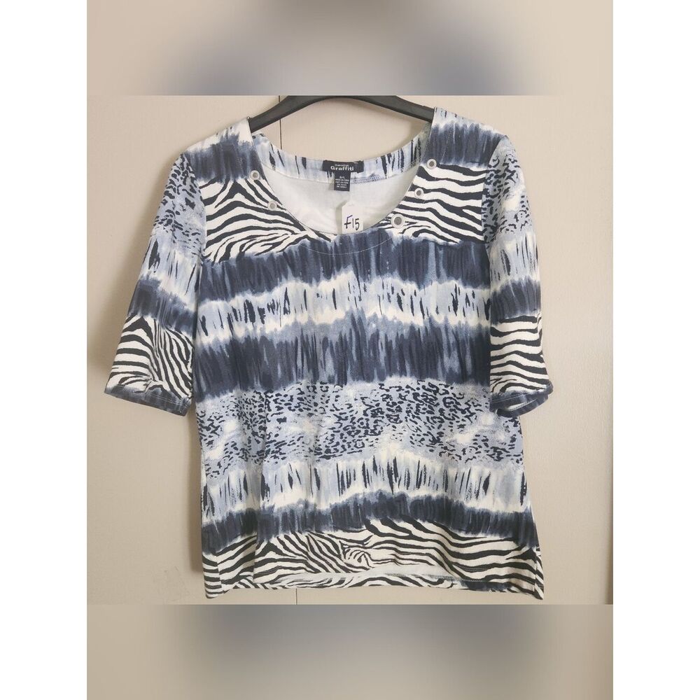 Canadian Graffiti Navy Blue & White Mixed Animal- Zebra Print Short Sleeve shirt